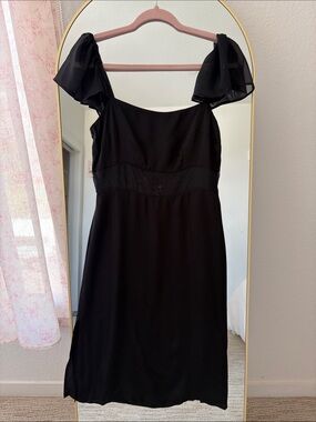 Free People Black Midi Dress with Sheer Puff Sleeves